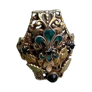 Vintage Enamel Fleur-de-Lis Ring Austro-Hungarian Revival Black Glass Adjustable